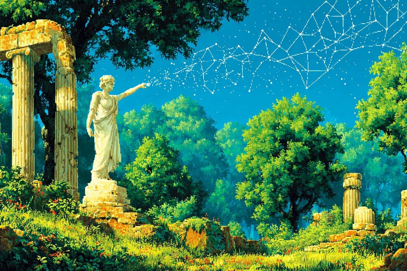 A Greek marble statue of a goddess, one arm outstretched with holographic nodes flowing out of her hand.