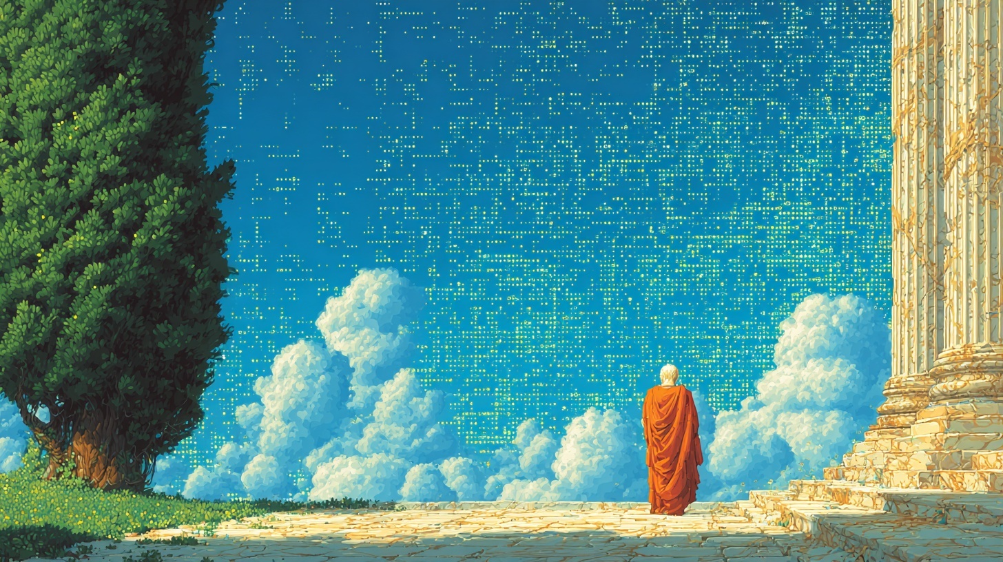 A philosopher looking over a sky filled with green dots, akin to those of a GitHub commit history.