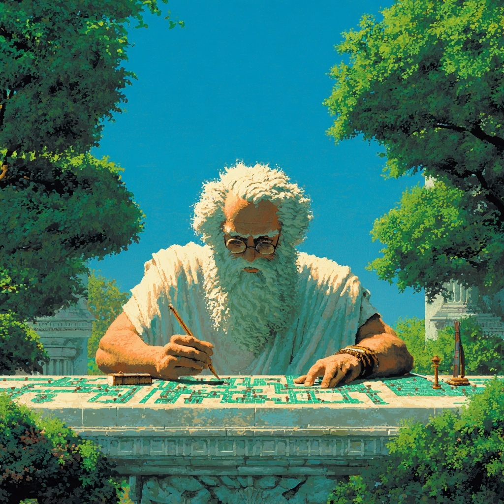 A wisened man hovering over a table, pen in hand.