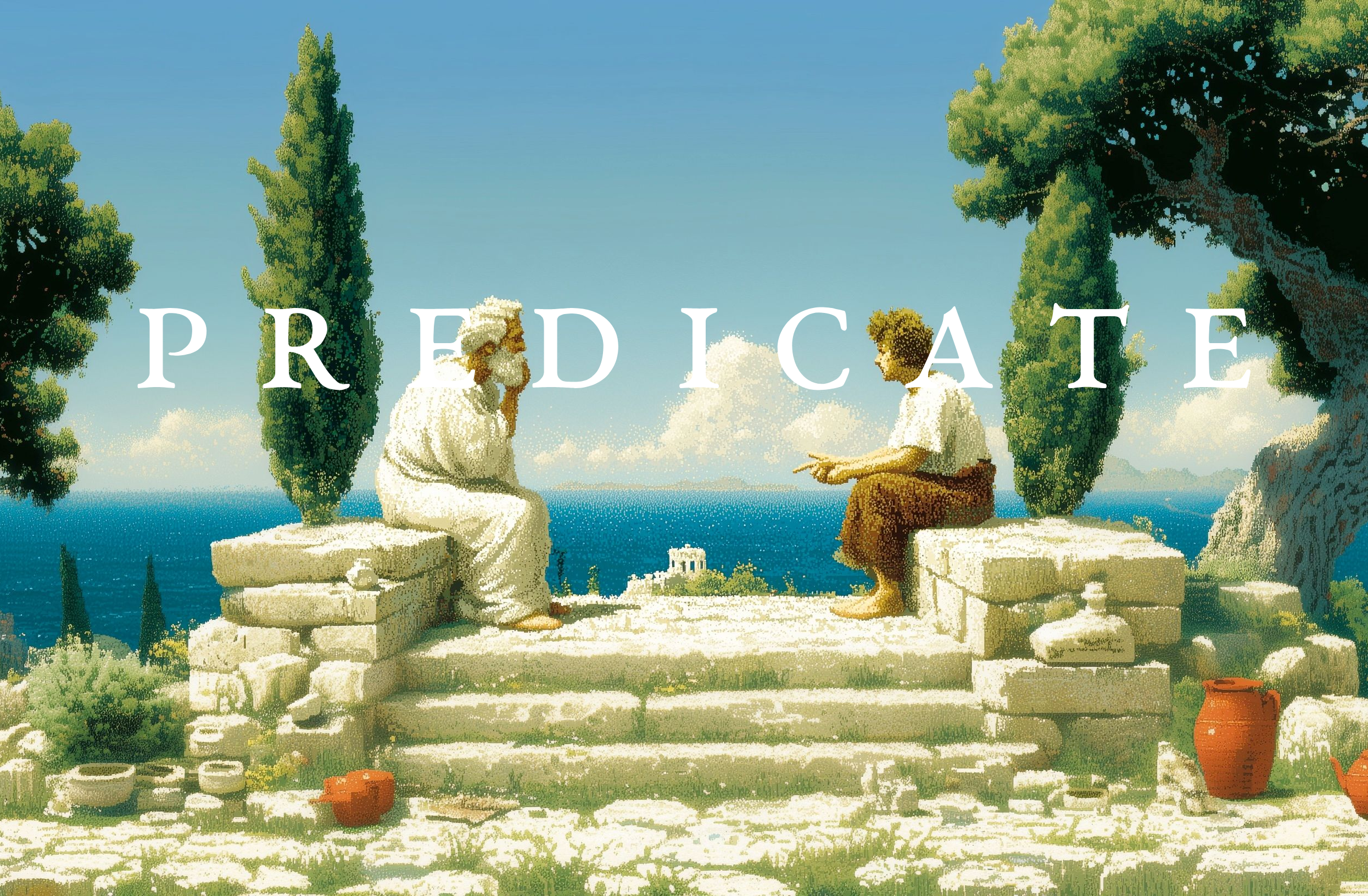 A photo of two philosophers conversing, surrounded by lush Greek flora and a blue ocean.