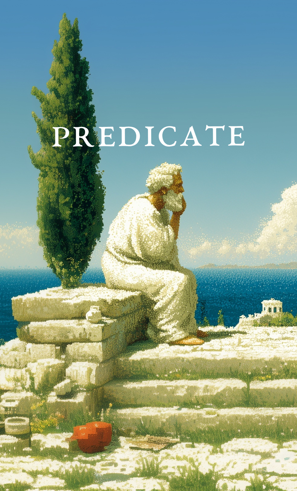 A photo of a philosopher pondering, surrounded by lush Greek flora and a blue ocean.